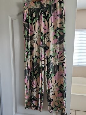 Floral Print Wide-Leg Pants - Black, Pink & Green